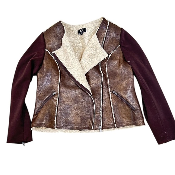 G by Giuliani metallic Brown Shearling zip up moto Jacket Ponte knit size large - Picture 2 of 13